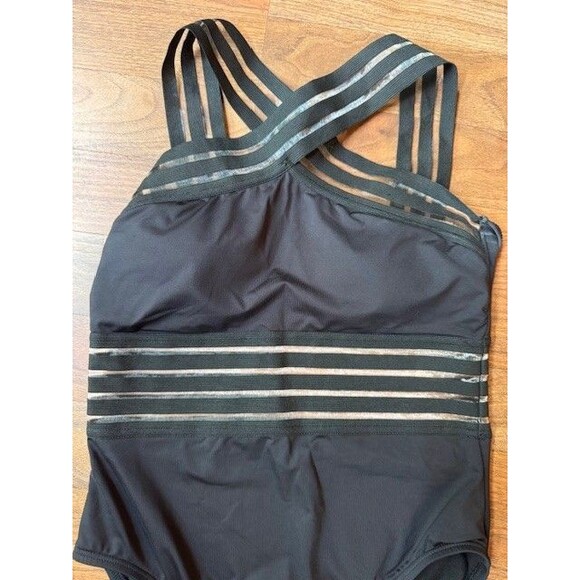 Kenneth Cole Black One Piece MED Cross Neck Illusion Mesh Swimsuit Bathing Suit - Picture 2 of 11